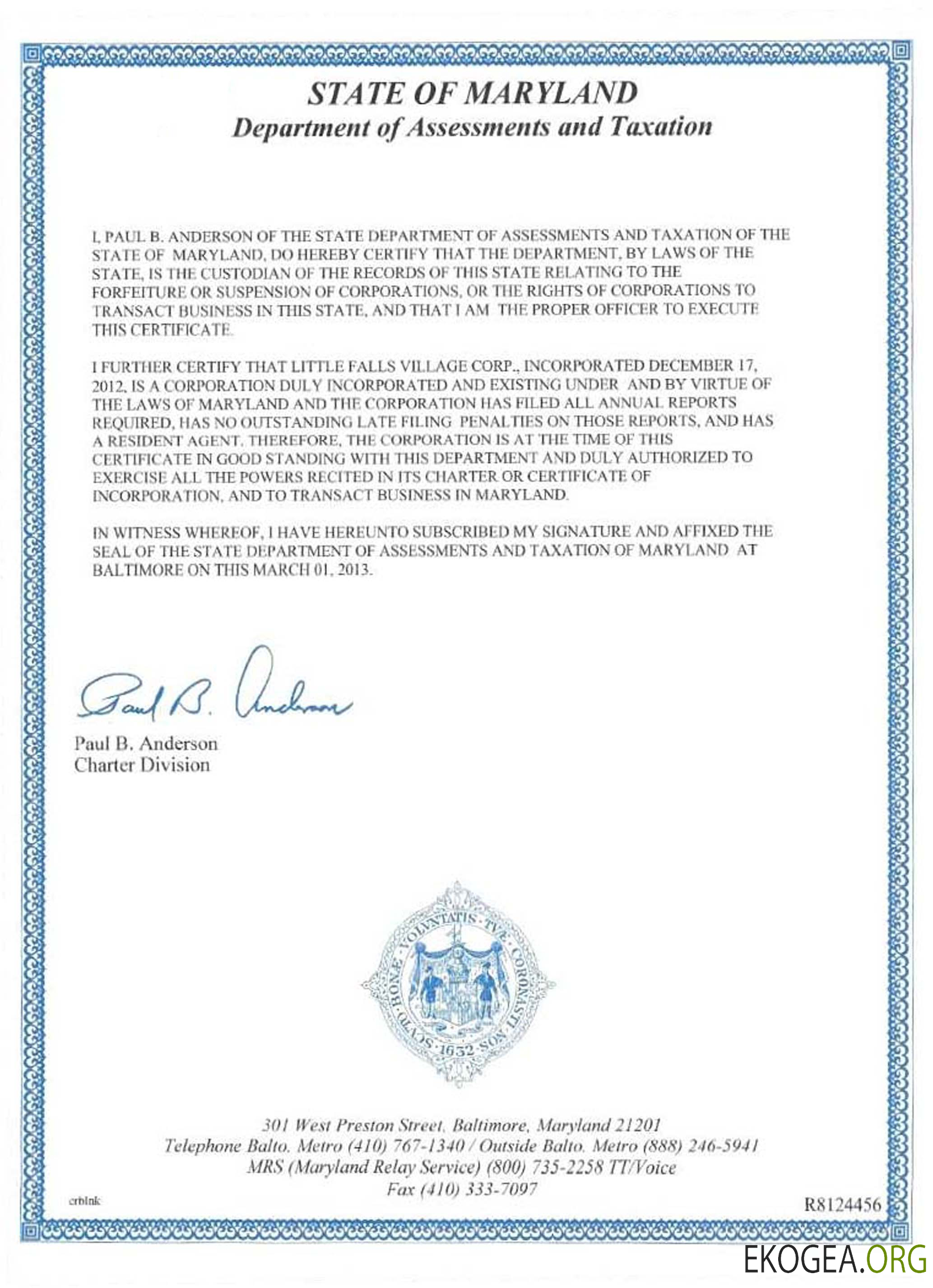 Certificat de bonne réputation du Maryland aux États Unis